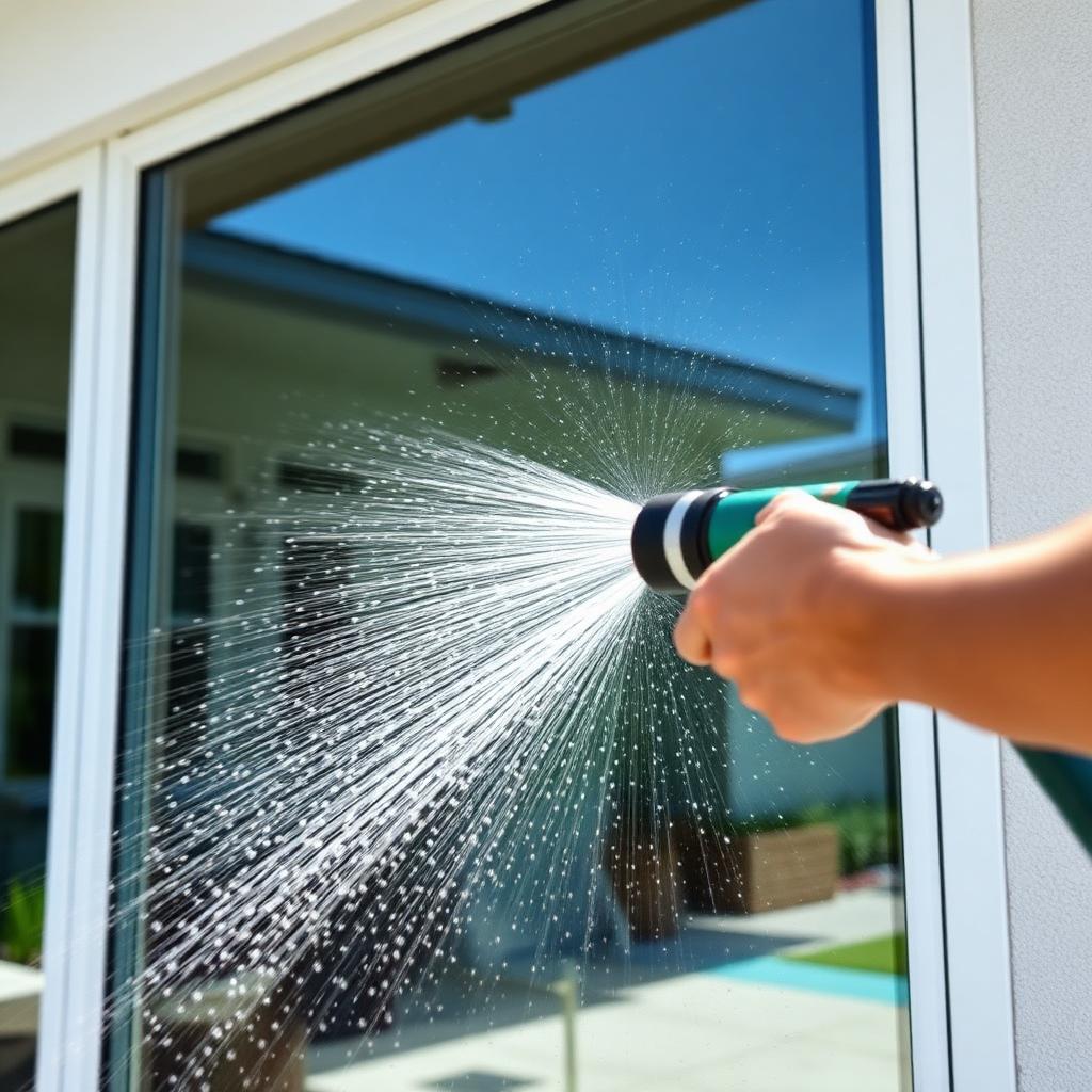 Rinsing an impact window with a garden hose