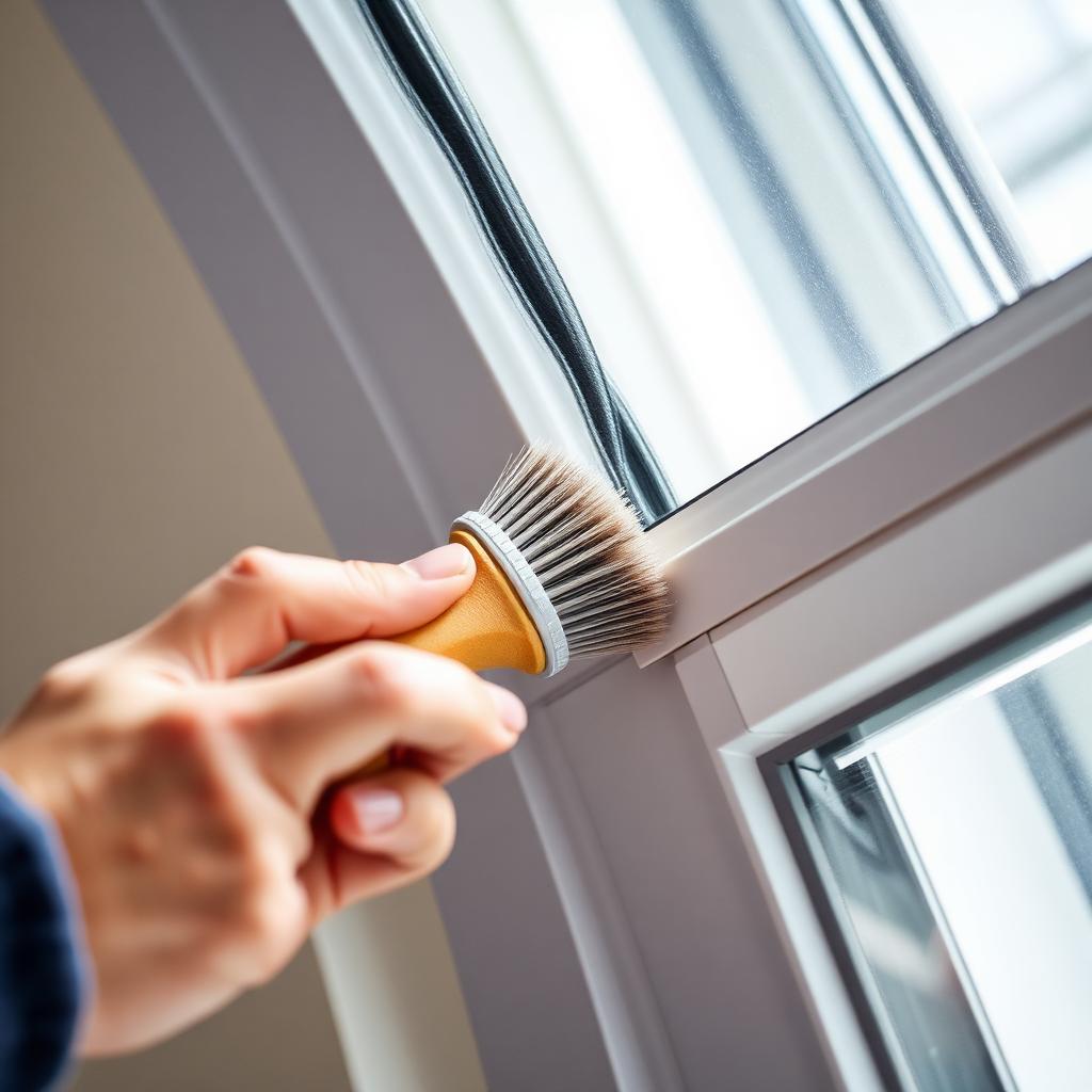 Inspecting weatherstripping on an impact window frame with a soft brush